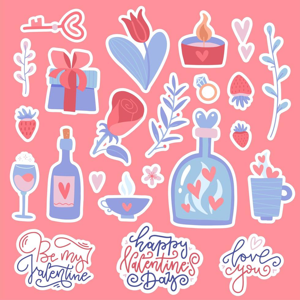 Set of flat doodles for Valentine s Day. Vector hand drawn illustration. Valentines stickers collection. Cozy illustration of romantic stuff - glass bottles, cup, flower, gift, lettering quotes.