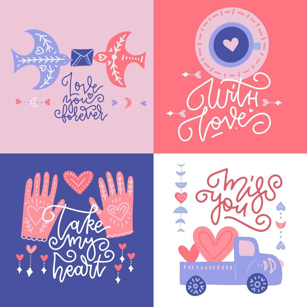 St Valentine s greeting cards set. Abstract modern boho illustration collection. Hand drawn vecor bohemian square banners with linear lettering text. 14 February. vector