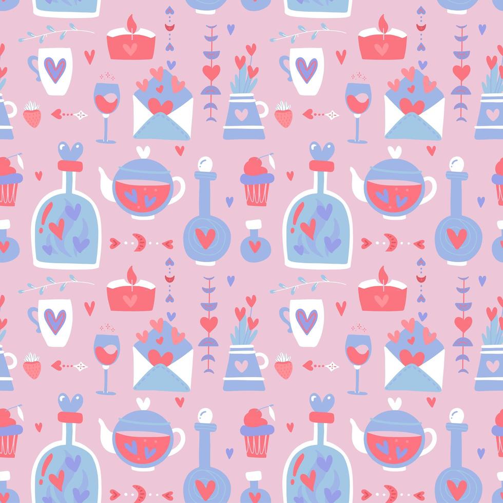 Valentine s day seamless pattern. Love, romance flat icons - hearts, potion, bottles, letter for valentine card decor. Pink , white and blue colored wallpaper for february 14 celebration. vector
