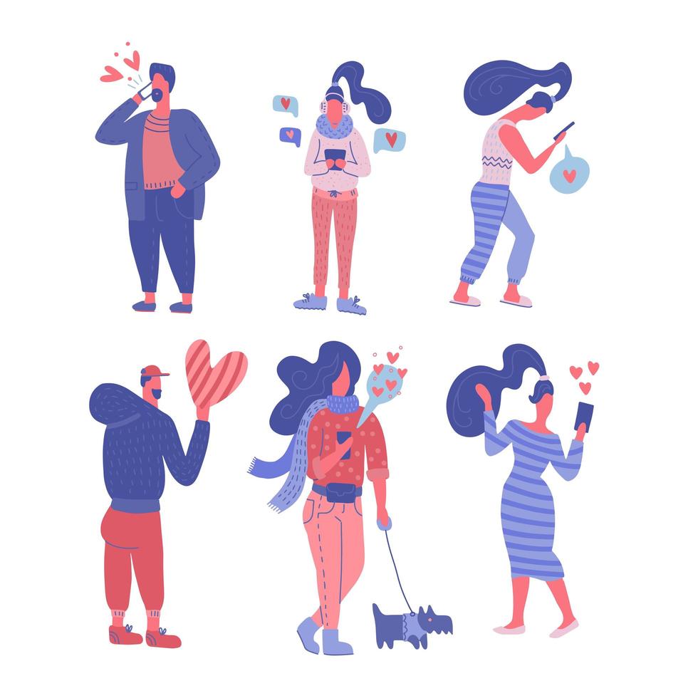 Remote communication at Valentine s day concept. Set of People talking on mobile phone. Young couple communicating through smartphone. Declaration of love. Color vector flat illustration.