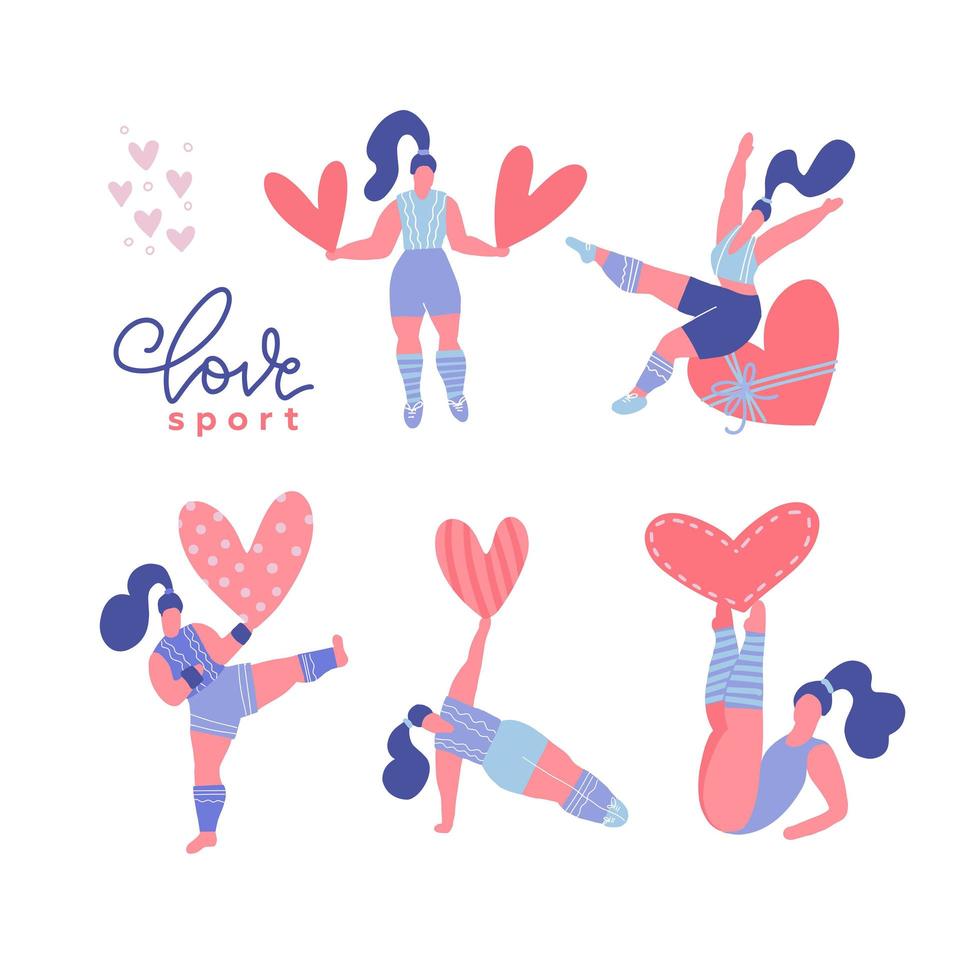 conjunto de mujeres diversas con cuerpo positivo que tienen corazones románticos y hacen deporte. hermandad del día de san valentín. vector simple estilo plano moderno.