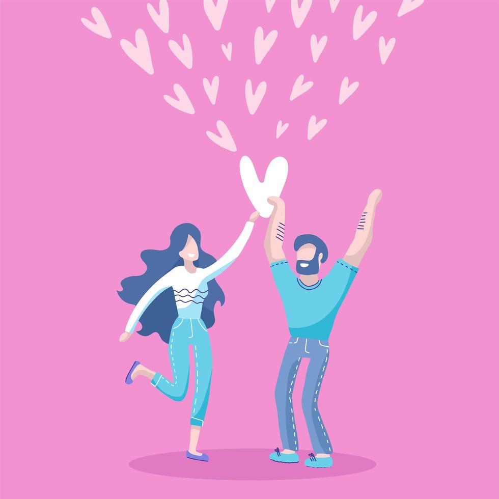 hombre y mujer sonrientes mirándose con amor y sosteniendo el corazón en las manos y alrededor. personajes de dibujos animados planos de moda. tarjeta de amor y romance para el día de san valentín. ilustración vectorial plana vector