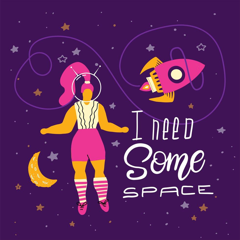 mujer de talla grande en el espacio. concepto de humor de positividad corporal - todos los cuerpos son buenos cuerpos. Necesito una cita de letras espaciales. ilustración vectorial vector