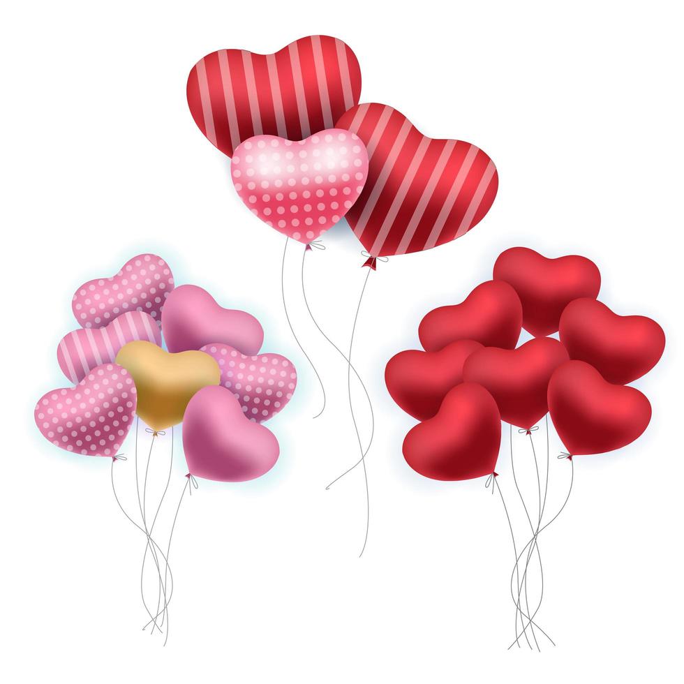 Realistic balloons. Set of bunches of colourful birthday party or St Valentine s volume balloons. Red, pink, gold, striped Heart shaped helium balloons for banner design vector