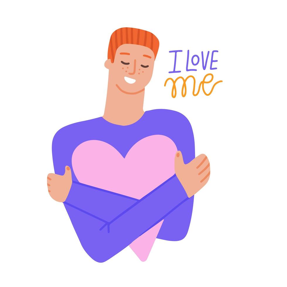 Ginger haired man hugs a big heart with love and care. Boy holds pink heart in hands. Self care and body positive concept. self love lettering quote - I love me. Flat hand drawn vector illustration.