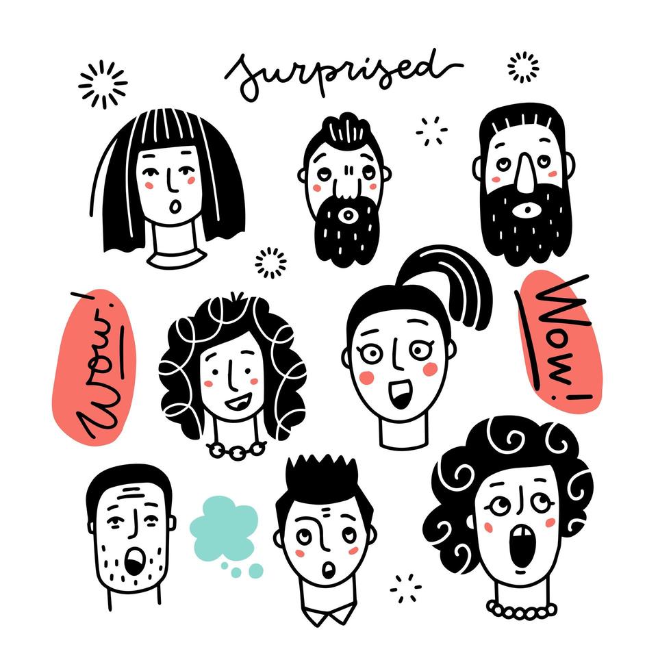 Set of various surprised women and men, mixed age and ethnic groups expressing amazed emotions. Hand drawn line art doodle vector illustration. Black on white