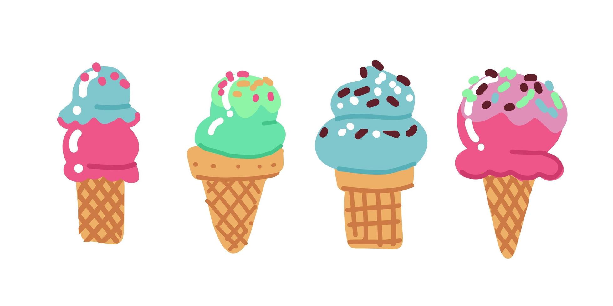 conjunto de helado dibujado a mano plana en conos de gofre y tazas. comida de postre. conjunto de varios tipos de helado simple con toppings bocetos de colores brillantes .ilustración vectorial aislada en fondo blanco vector