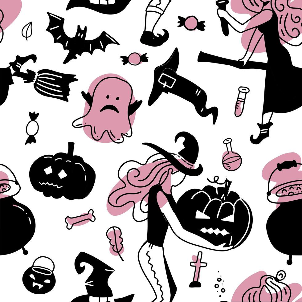 Patrón de vector transparente dibujado a mano con lindos gorls de brujas en disfraces de Halloween, sobre un fondo blanco. diseño plano de estilo escandinavo. concepto para estampado textil femenino, papel de regalo. negro y rosa