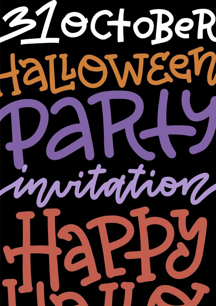 plantilla de invitación de cartel de fiesta de halloween con letras escritas a mano y decoración. pancarta vertical a4. elemento para el diseño de tipografía de vacaciones. ilustración plana vectorial. vector