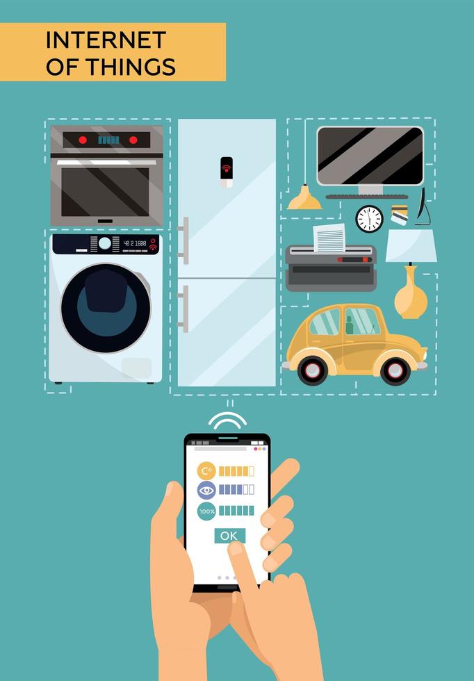 Internet of things concept design with male hands holding mobile phone connected to various everyday things. Future of network high technology in everyday life. Isolated flat vector illustration