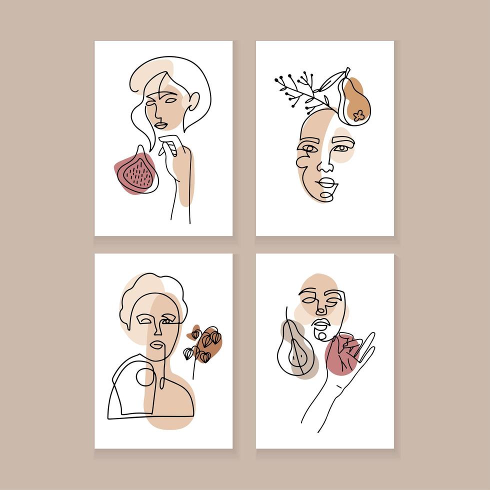 Set contemporary minimalistic art poster with female faces with fall floral elements - leavea, pear and fig. Linear simple style with abstract color shapes. Vector hand drawn illustration.