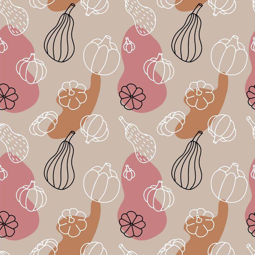 Autumn pumpkins seamless pattern, hand drawn sketch isolated on white background. Different varieties of pumpkins against background of autumn abstract shapes. Fall season. Linear vector design.