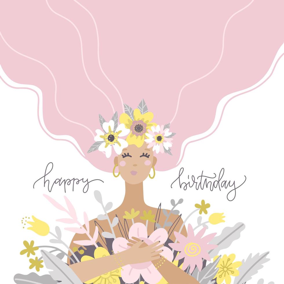 A cute girl holding a bouquet of flowers. Happy birthday greetong card. Vector flat illustration. Design for the holiday of spring, anniversary.
