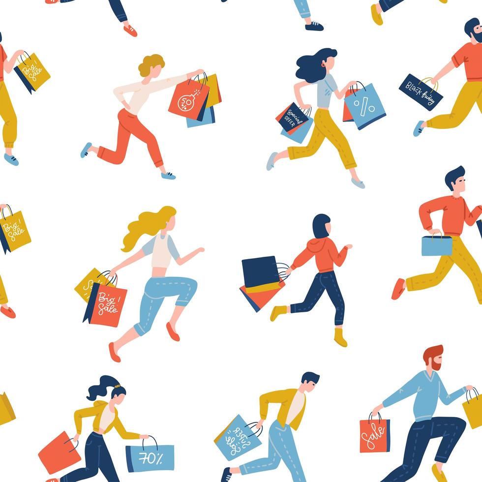 Seamless pattern of trendy running men and womwn carrying shopping bags. Black friday sale concept for ad banners. Vector flat illustration.