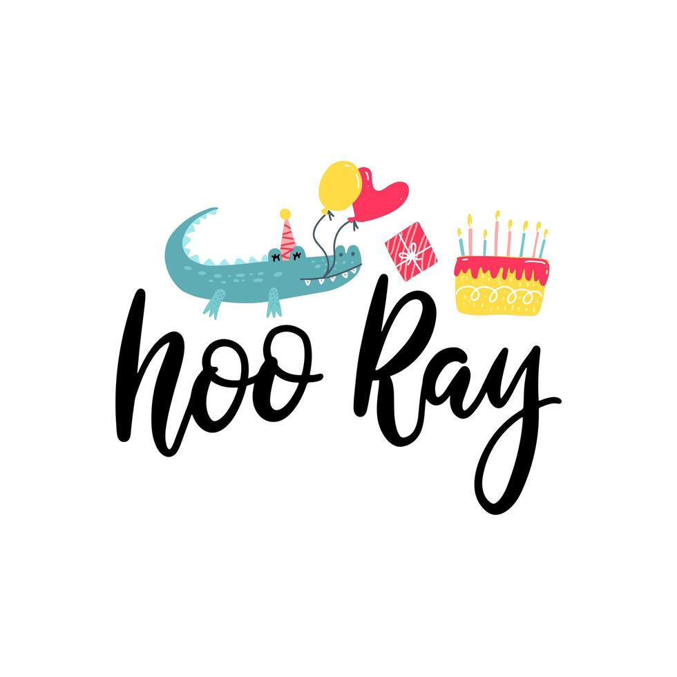 hooray hand lettering with crocodile with balloons and cake clip art. Birthday sublimation print design. Birthday, anniversary, graduation party vector clipart.