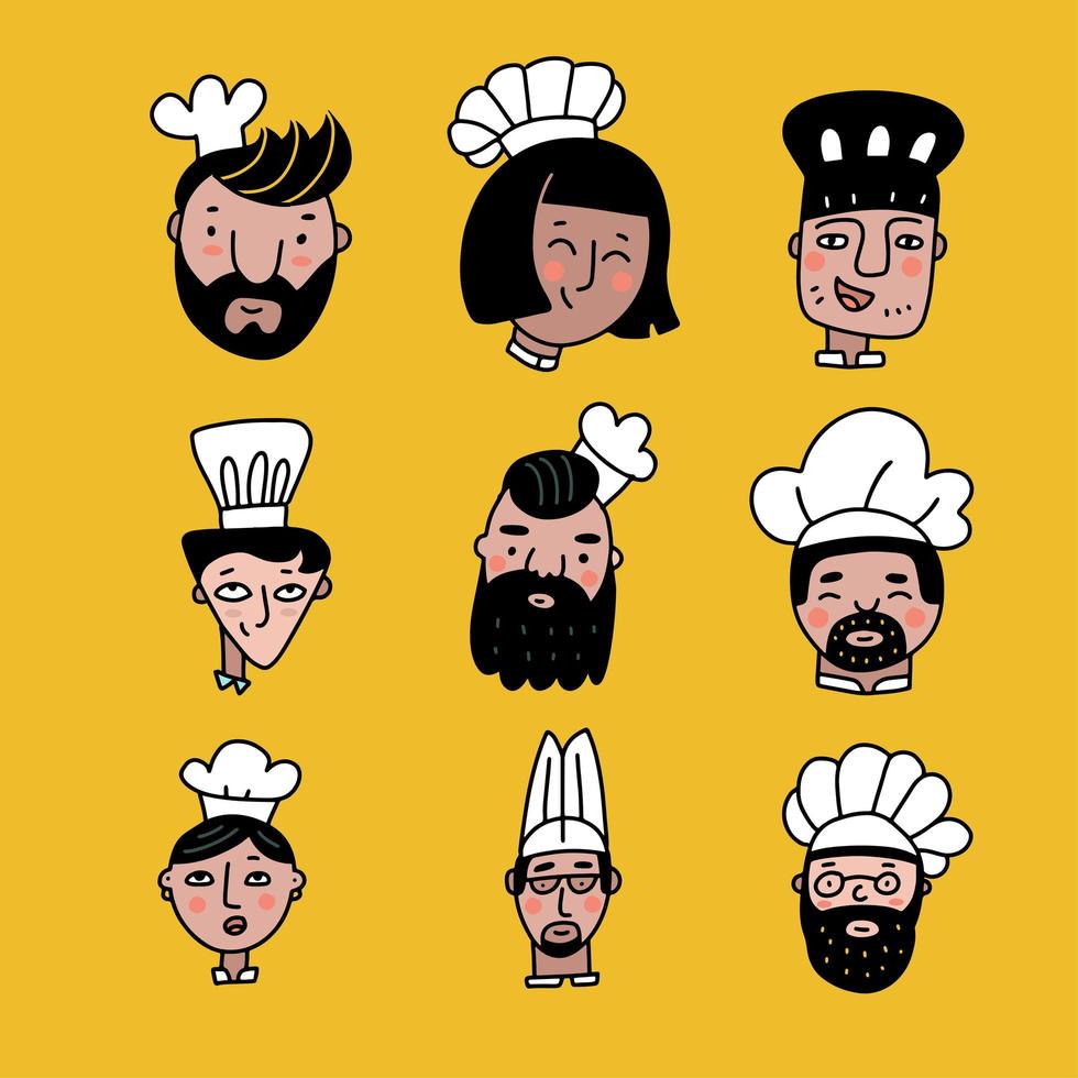 Set of chef cooks cartoon faces in color doodle style. Collection of nine different cooks heads with smiling faces wearing the traditional white toque or hat. Flat vector illustration.