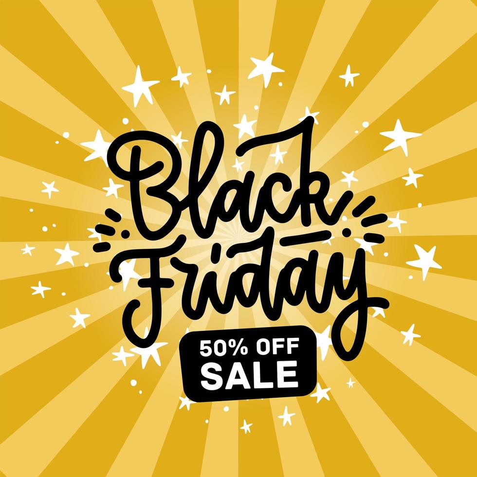 A Black Friday Sale design flat hand drawn letters and white stars on yellow background. Linear trendy Lettering on rays backdrop for banner. vector