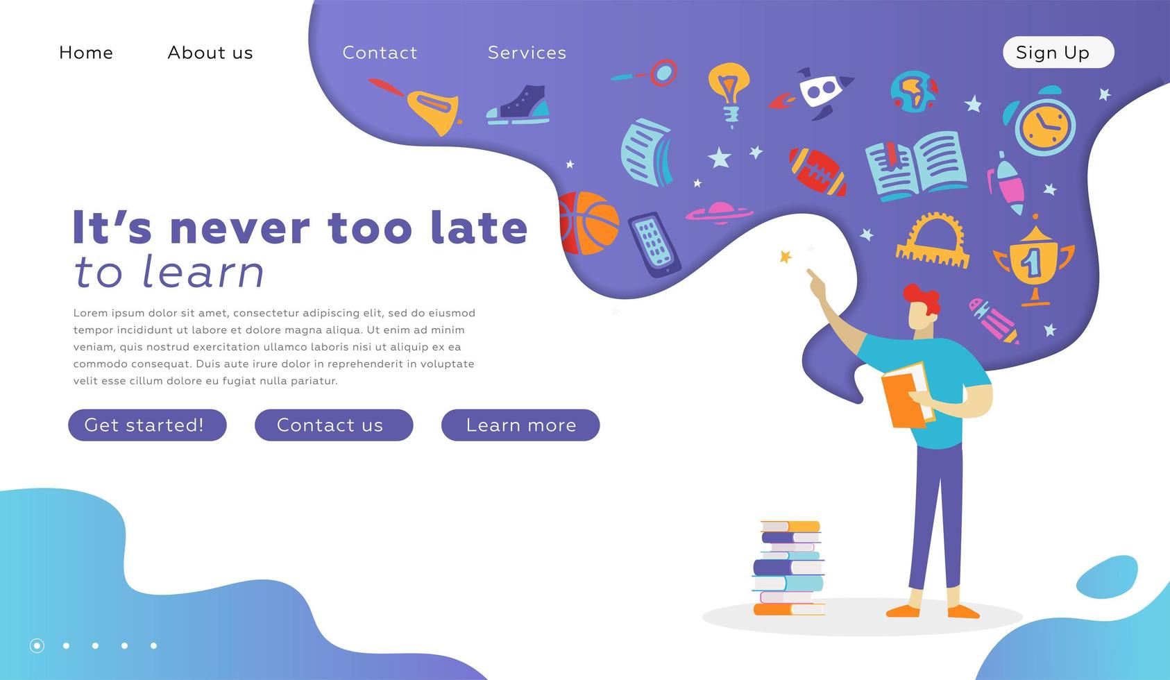 Happy Student Character with Book landing page. Education Graduation Concept for Website. Vector flat cartoon illustration. Back to School web design. Guy reading a book. School supplies in thoughts