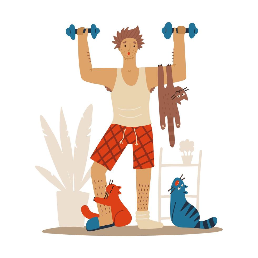 Sloppy Man with cats doing workoutat home. Cats interfere with sports. Humorous fitness motivation character doing exercise indoors, pets behave outrageously. Vector funny flat illustration.