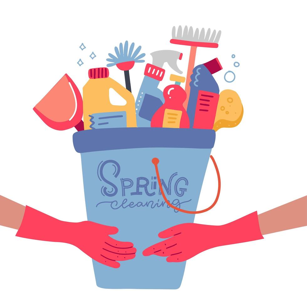 Two hands in rubber gloves holding blue plastic bucket with tools for cleaning. Spring cleaning housework concept. Flat hand drawn vector Illustration on a white background