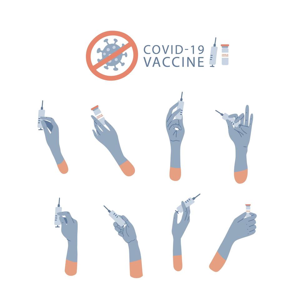 Big set with Doctor hands holding syringe and ampoule with vaccine or medicine. Hands in gloves making an injection. COVID-19 Vaccination concept. Preventive medicine, treatment. Isolated flat Vector