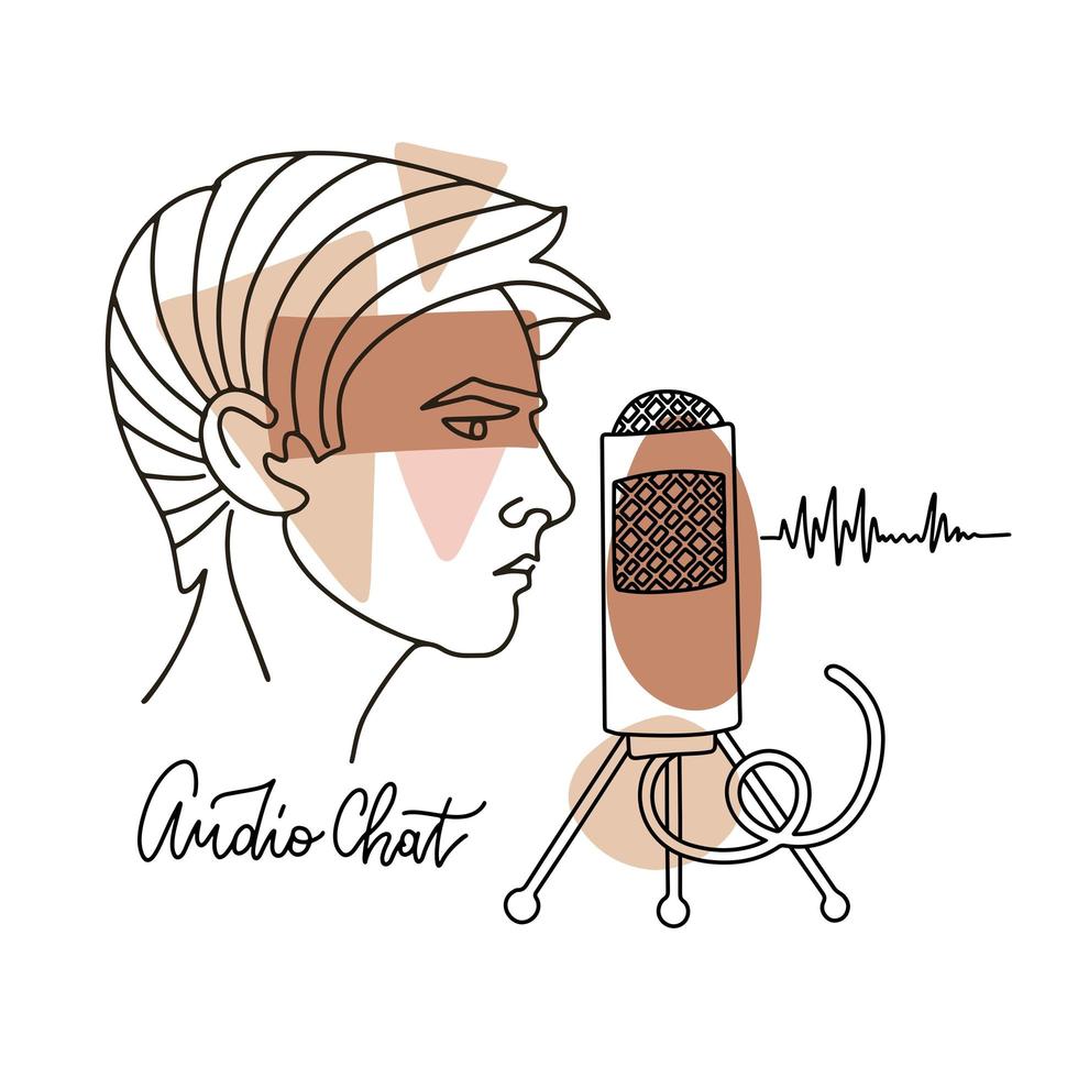 Record podcast, radio broadcast, tutorial audio. Male face in profile making a speech in a large microphone. Audio chat elegant concept. Vector linear illustration.