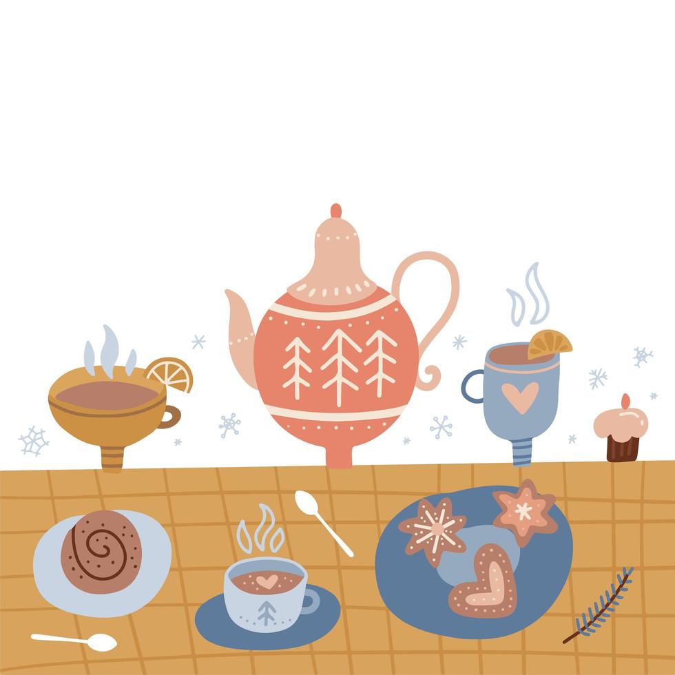 Cute checkered tablecloth with a teapot, cups of tea and gingerbread cookies on a white background. Freehand drawing, Cozy winter mood. Side view flat vector illustration.