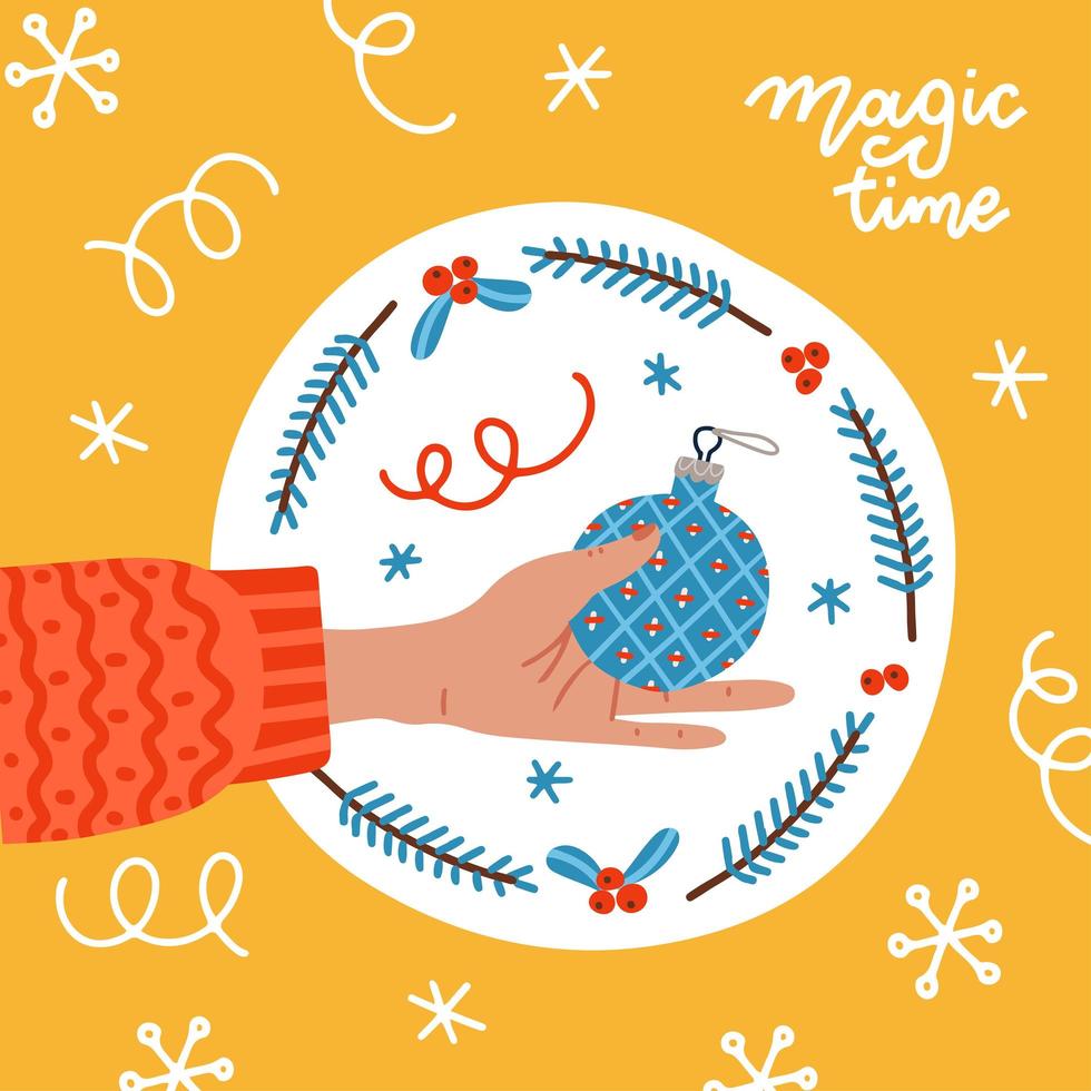 mano de mujer elegante sosteniendo una bola de árbol de navidad con adornos geométricos. concepto de tarjeta de felicitación de vacaciones. ilustración de vector plano para invitaciones de fiesta, pancartas y otros.