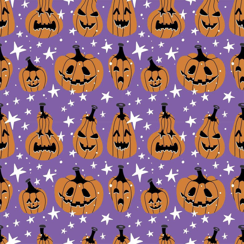 patrones sin fisuras de halloween con calabazas y estrellas. fondo de  halloween con jack-o-lantern. ilustración vectorial coloreada en estilo  plano. 6017758 Vector en Vecteezy