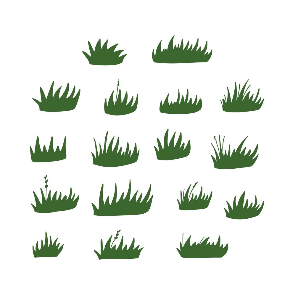 Set of green grass clumps. Vector flat hand drawn illustration.