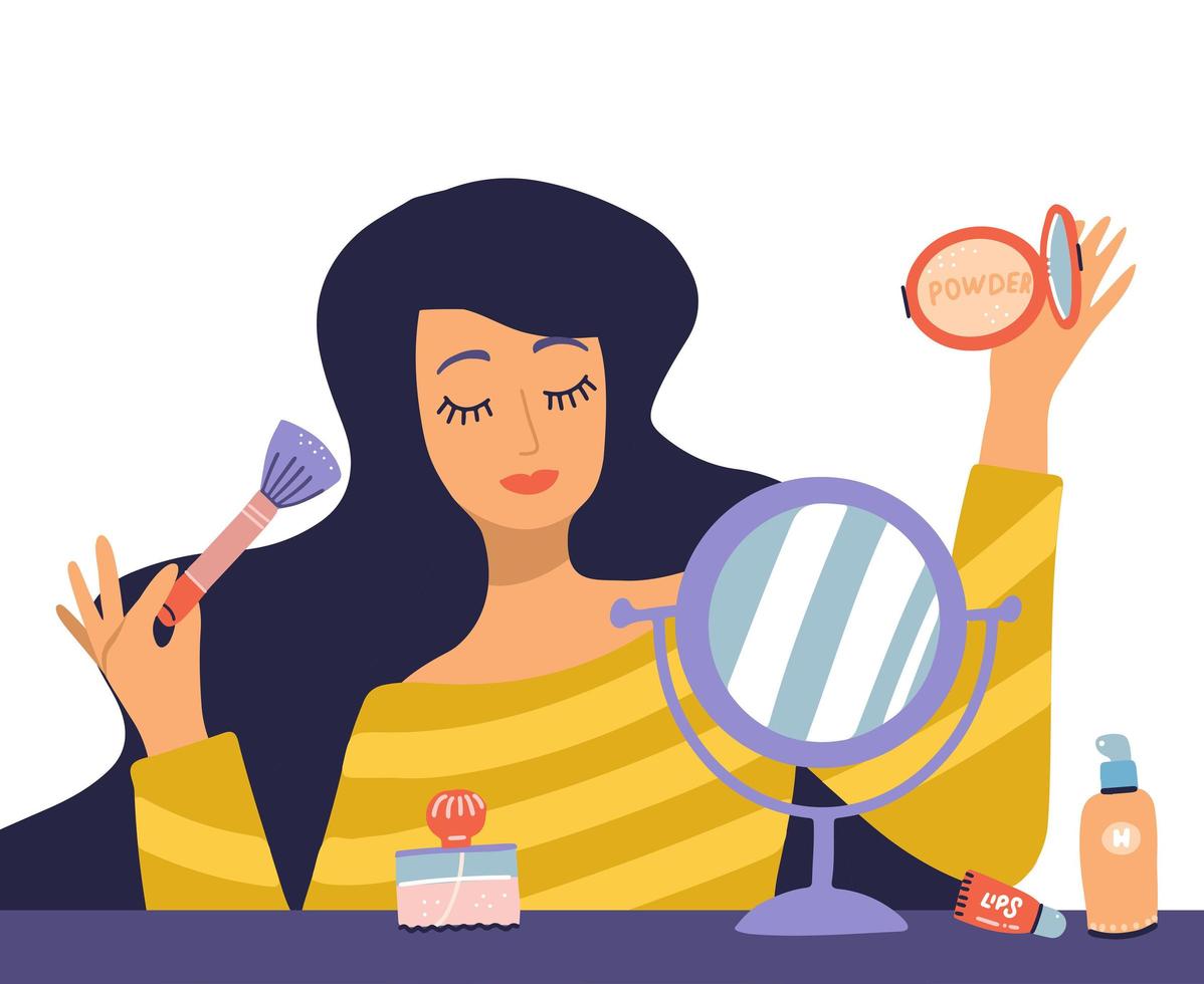 Beautiful young woman character doing make up. Table with makeup, cosmetics and wound mirror. Girl holding brush and powder. Vector flat cartoon illustration in trendy style