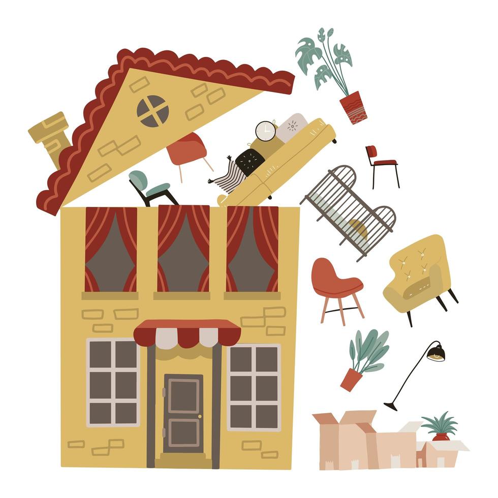 Moving to a new place. A yellow house with some furniture flies out under the open roof to cardboard boxes. Vector falt illustration.