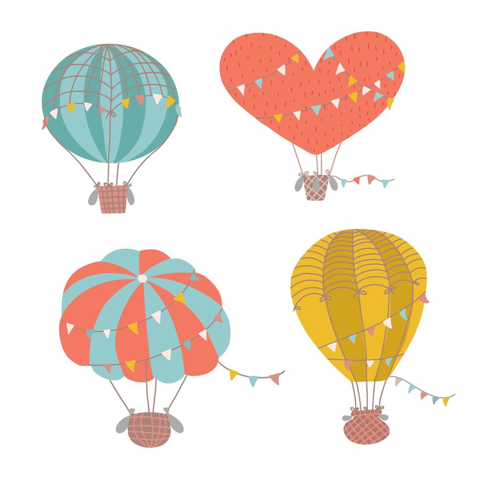 conjunto de diferentes formas lindo globo de aire caliente. colección de globos de aire de dibujos animados planos aislados con cadena de banderas de celebración triangular. elementos dibujados a mano para impresión, tarjeta, volante. ilustración vectorial vector