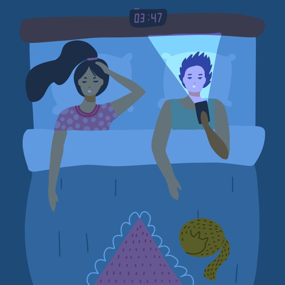 Sleepless Couple lying in bed and using mobile phones. Addiction, unhealthy habit, sleepless concept for banner. Gadget and internet addicted users flat vector illustration.
