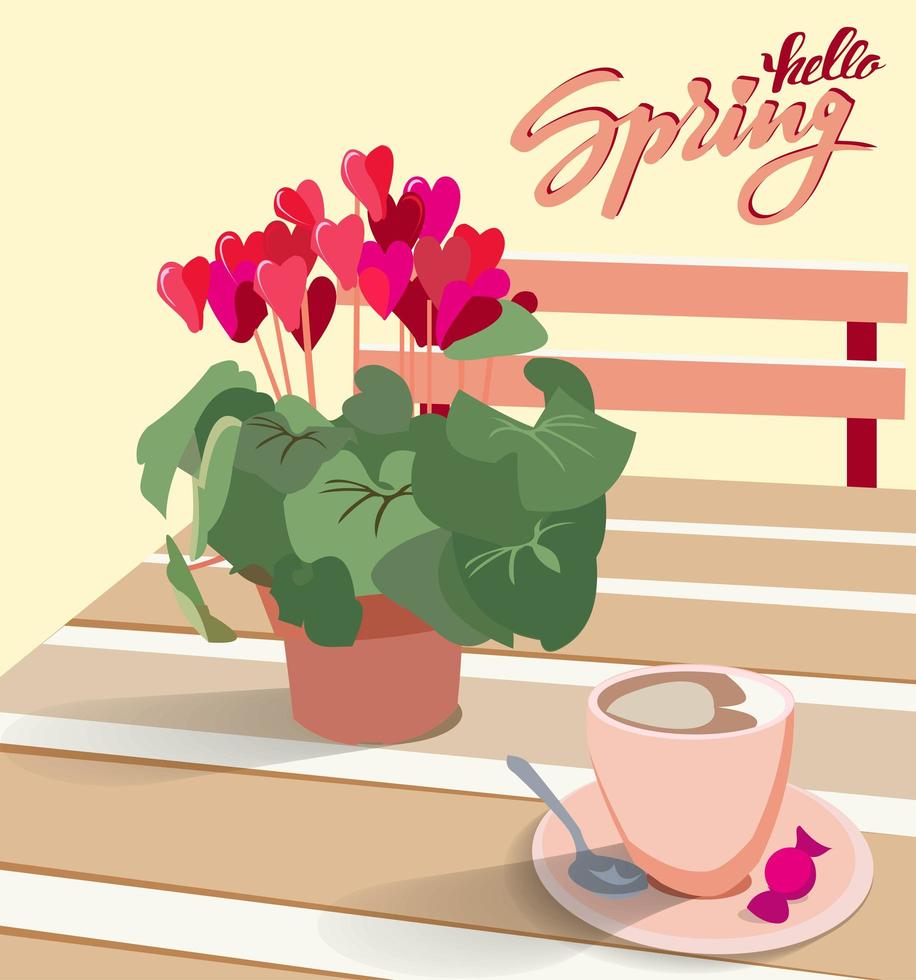 letras hola primavera. una mesa en un café con un ciclamen de flores en una olla y una taza de café con dulces. ilustración vectorial para tarjetas de felicitación y saludos con corazones vector