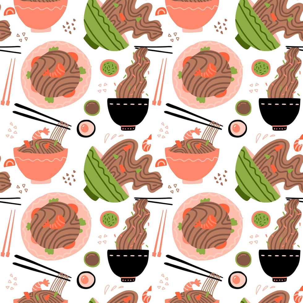 wok con gambas y fideos soba. comida asiática tradicional. cocina china, japonesa. comida rápida para llevar. diseño plano minimalista. patrón sin costuras con fideos en tazones. vector