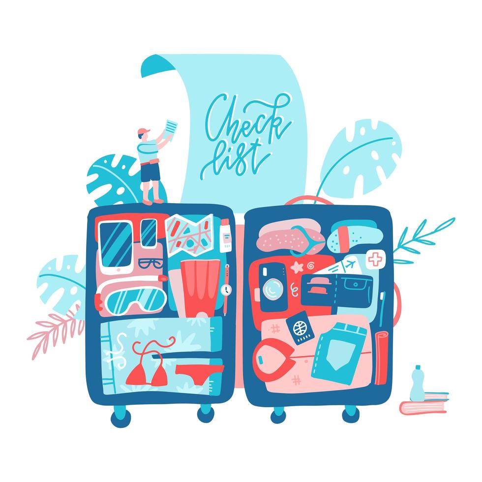 banner de viaje de planificación de vacaciones con maleta grande. concepto de billetes de transporte de ruta turística. bolsa de viaje con cosas de equipaje dentro. ilustración plana vectorial plana vector