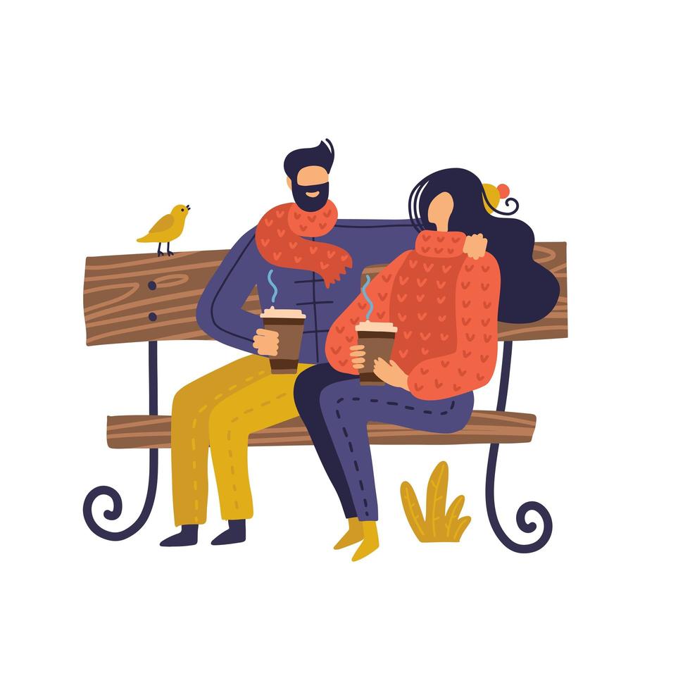 Couple sitting on bench in spring with coffee. Vector illustration in flat style for Valentine s day greeting card