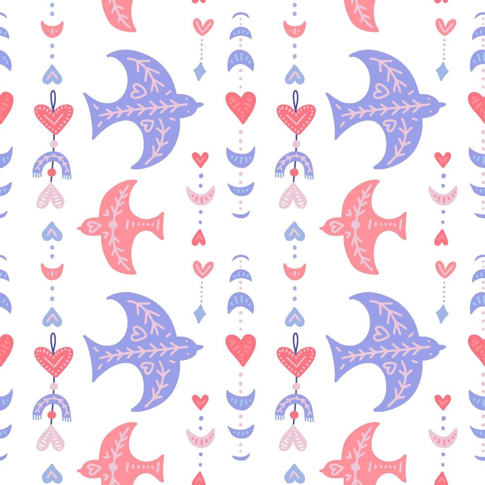 Seamlesspattern with boho birds and geometric feathers and moon. Flat vector illustration background for Valntine s day.