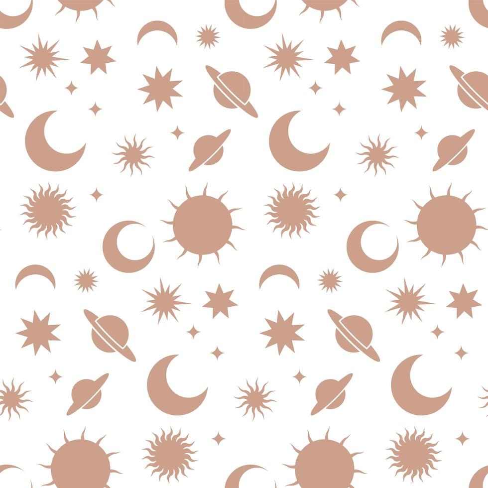 Boho astrology and star seamless pattern, magic celestial night concept, moon and sun objects, bohemian symbols. Gold simple flat art, modern trendy vector illustration on white background