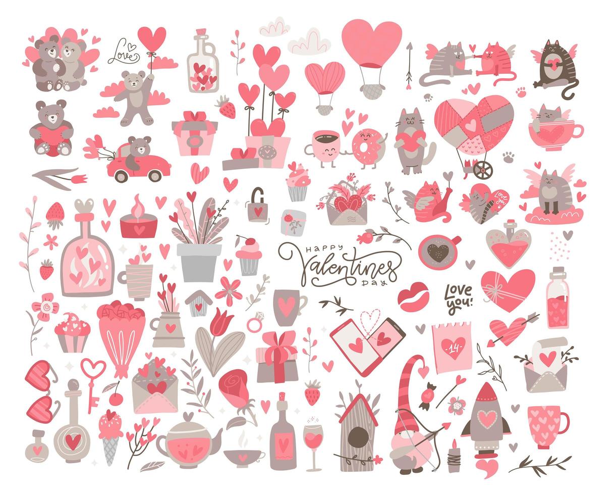 Huge Valentine set. Many various romantic objects. Saint Valentine s day big collection. Colored flat vector trendy illustration. All elements are isolated