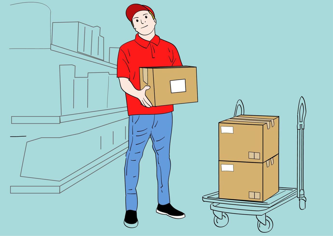 Warehouse keeper in red uniform holding a package. Hand drawn style
