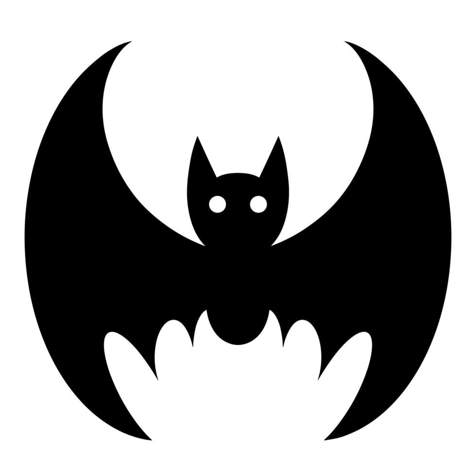 Bat vector icon. Isolated illustration on a white background. Black silhouette of a nocturnal animal. Hand-drawn bloodsucker. A beast with wings and glowing eyes. Monochrome. Halloween decor.