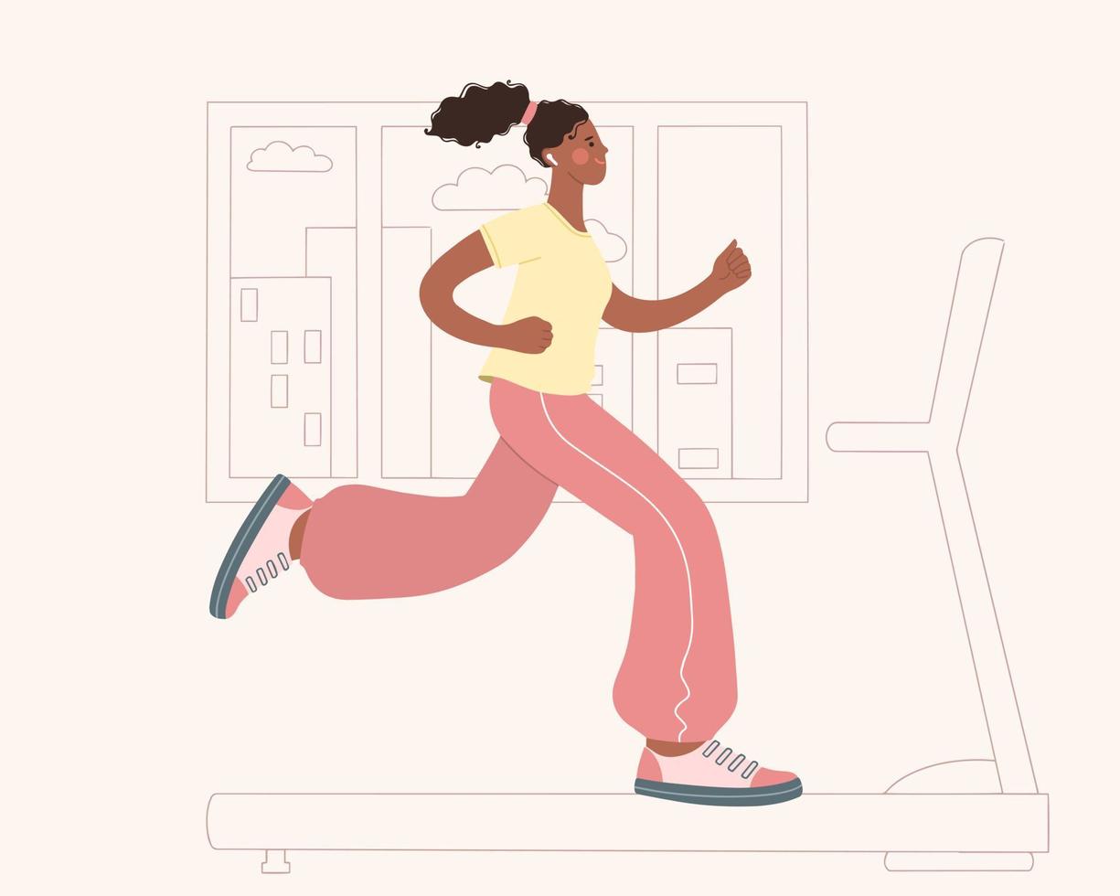 hermosa joven afroamericana corriendo en una caminadora en casa. deportes en casa. concepto de estilo de vida saludable vector