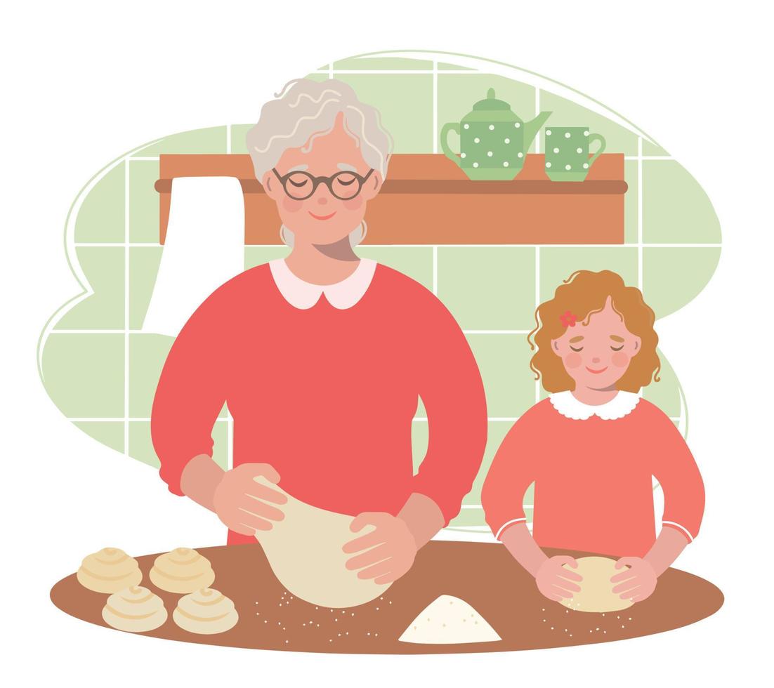 Grandmother teaches her granddaughter to roll out the dough for buns. Illustration of an elderly woman and a little girl cooking in the kitchen vector