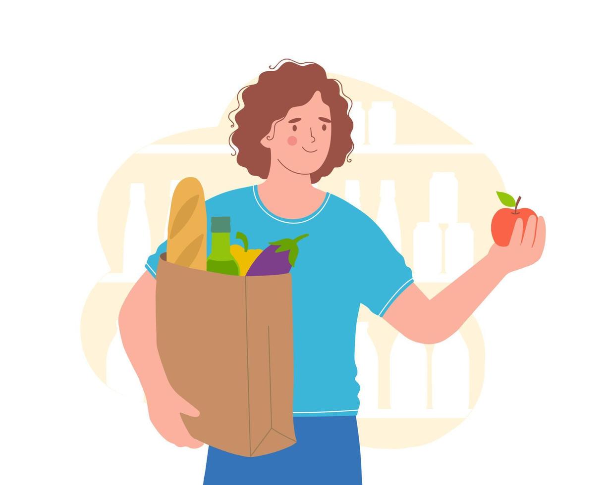 Young woman holds  bag of natural products. Woman in store is stocking up on food. vector