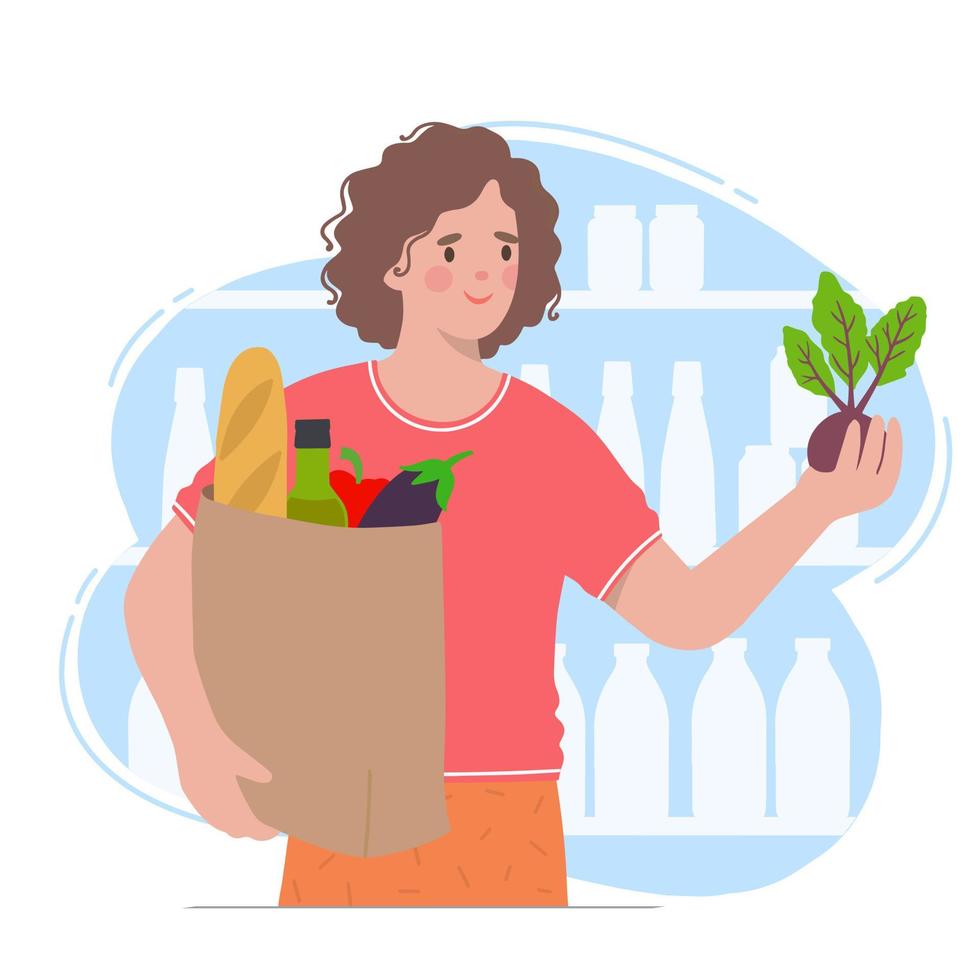 Girl holds grocery bag with natural products. Woman made food supplies. Healthy eating concept and sustainable lifestyle vector illustration
