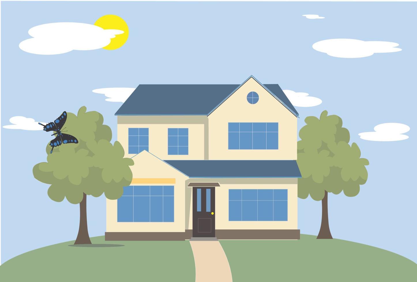vector illustration of a house with a butterfly on a tree