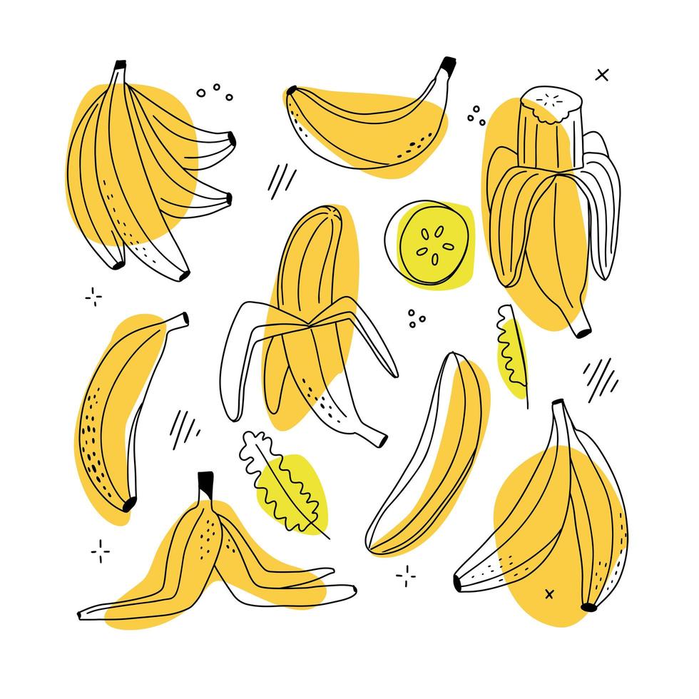 Set of banana linear icons on white background. Line doodle drawing style with abstract shapes. vector