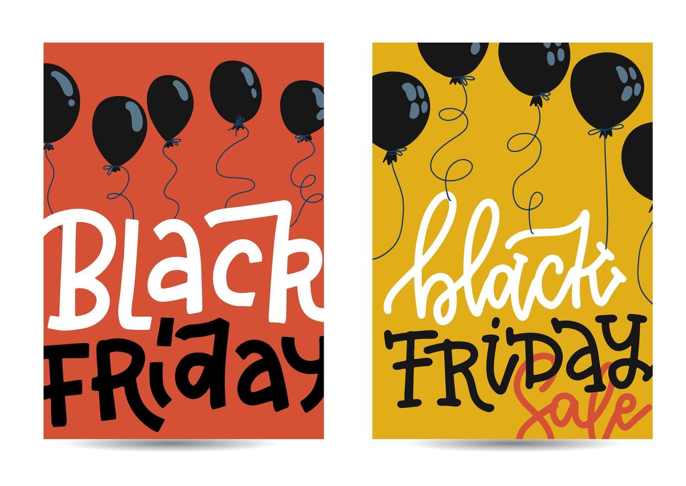 Set of vertical banners with Black Friday concept with black balloons and on red and yellow backgrounds with letterinf sale. Vector illustration in flat style.